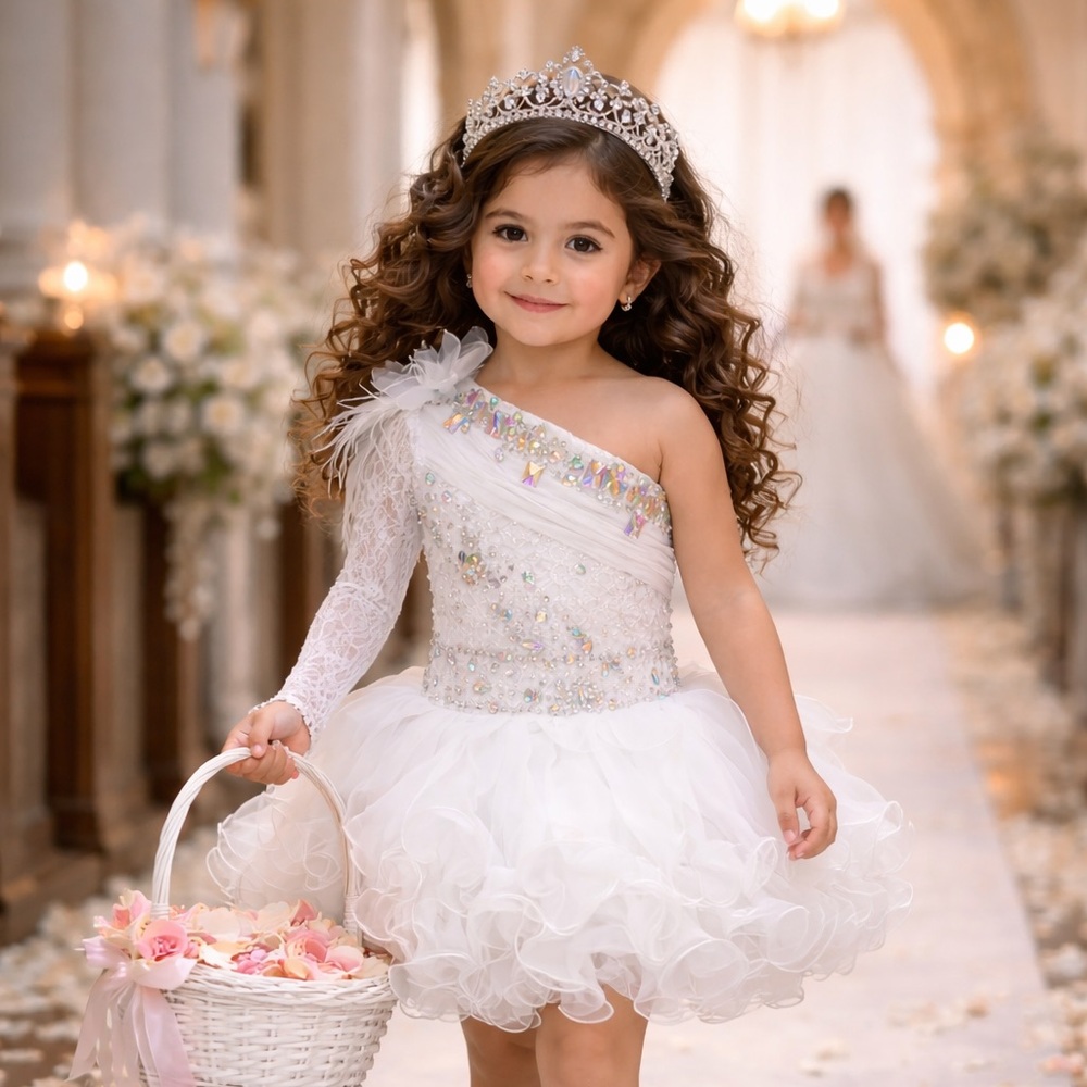 White One-Shoulder Flower Girl Dress, birthday Communion Princess dress